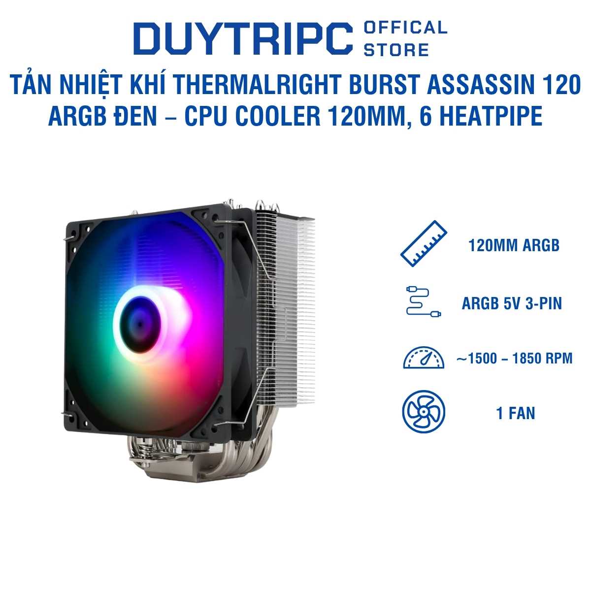 Tản Nhiệt Khí Thermalright Burst Assassin 120 ARGB Đen – CPU Cooler 120mm, 6 Heatpipe, Hiệu Năng Cao, Chạy Êm